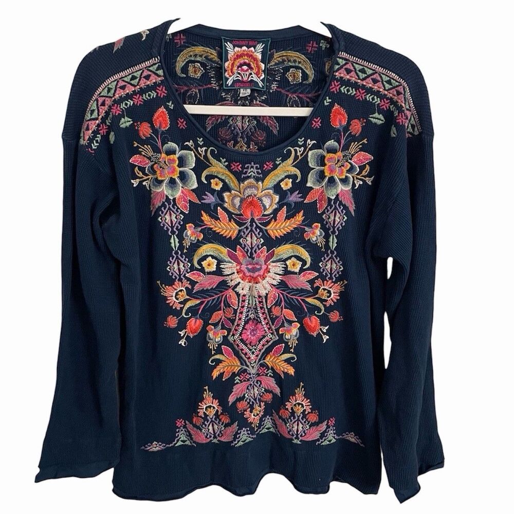 Johnny Was Loana Thermal Top Petite XL PXL Blue Camo Floral Embroidery Pullover